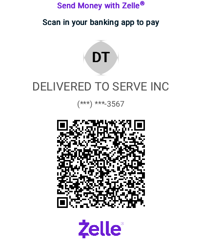 Zelle receiving QR code for Delivered To Serve Inc, phone ending 3567